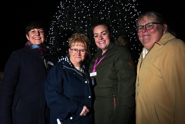 Wigan and Leigh Hospice's chief executive Jo Carby with the hospice nurses who switched on the tree lights Lisa Taylor and Andrea Smith, and hospice clinical director Vicki McLoughlin