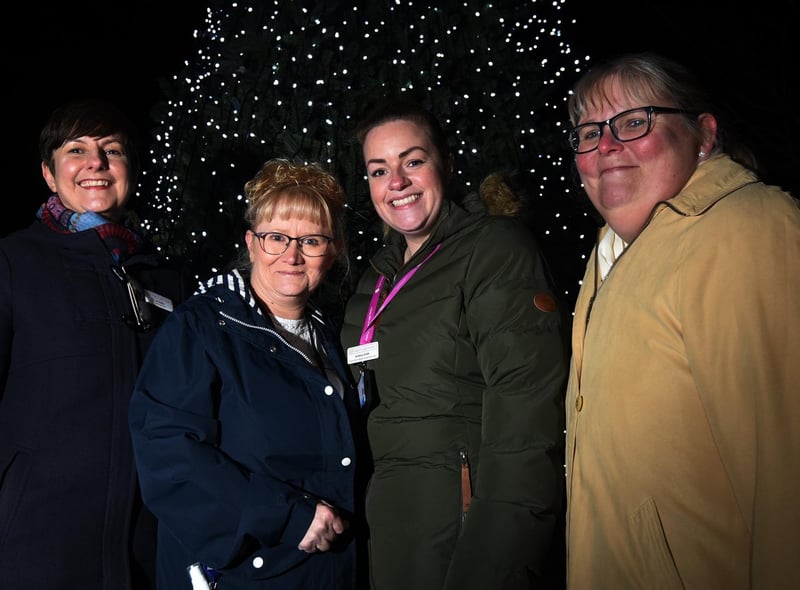 Wigan and Leigh Hospice's chief executive Jo Carby with the hospice nurses who switched on the tree lights Lisa Taylor and Andrea Smith, and hospice clinical director Vicki McLoughlin