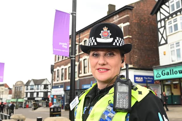 Wigan's Police commander Chief Supt Emily Higham on patrol in Wigan town centre, celebrating extra neighbourhood police team offices.