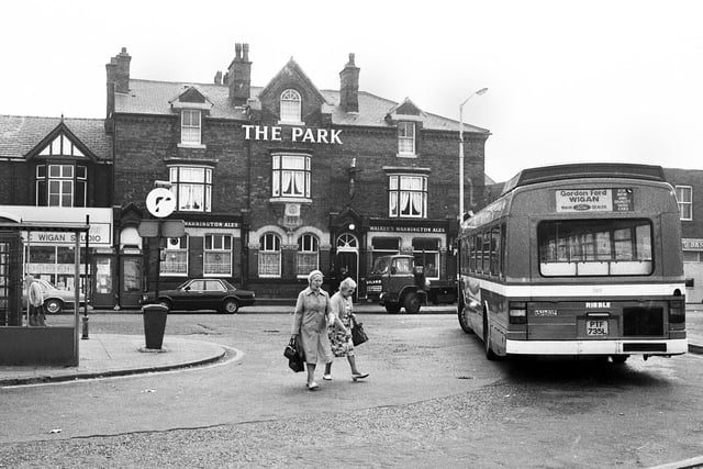 The Park Hotel on Hope Street and a corner of Wigan bus station in August 1984.