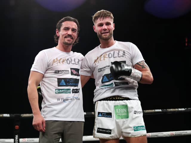 Hindley's James Moorcroft celebrates with his trainer, Anthony 'Million Dollar' Crolla, after victory over Olaide Fijabi at Bolton in September, 2022