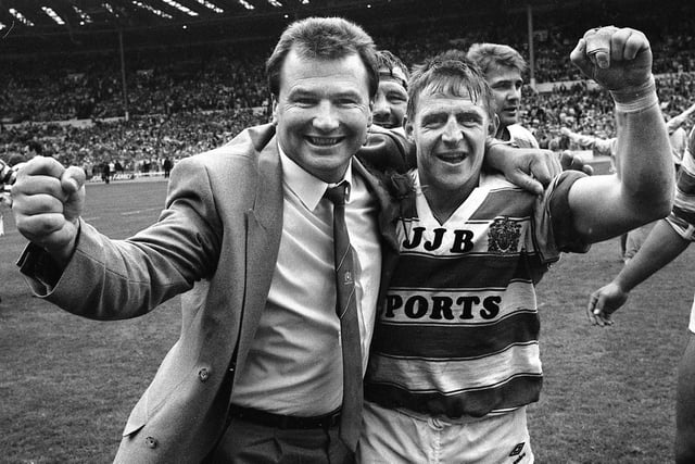 Wigan coach Graham Lowe and scrum-half Andy Gregory celebrate beating Halifax  in the Challenge Cup Final at Wembley on Saturday 29th of April 1988. Wigan won the match 32-12.