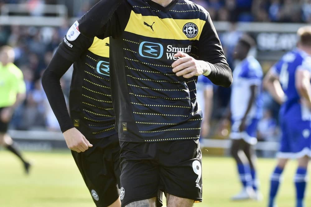 Joe Hugill celebrates one of his two goals at Bristol Rovers at the beginning of the season