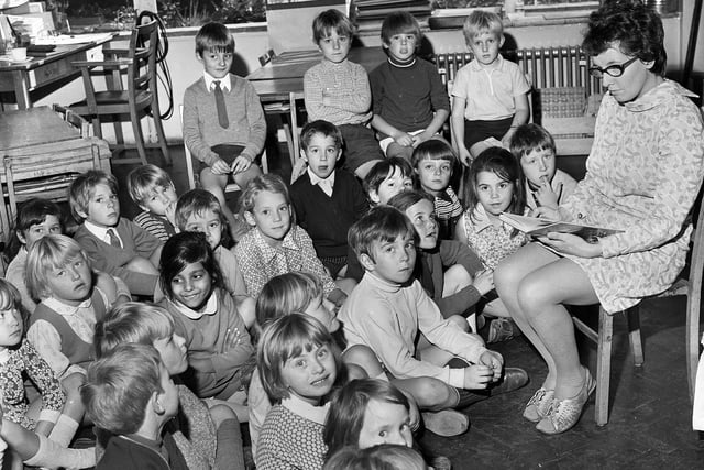 Story time from teacher, Anne Woods, for Infant 3 children at Woodfield Infants School on Wigan Lane in October 1971.