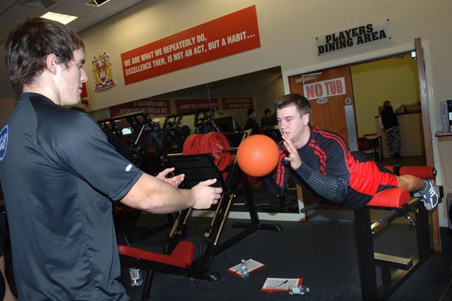 Andrew Thornley and Darrell Goulding in the gym as Wigan Warriors resume training.