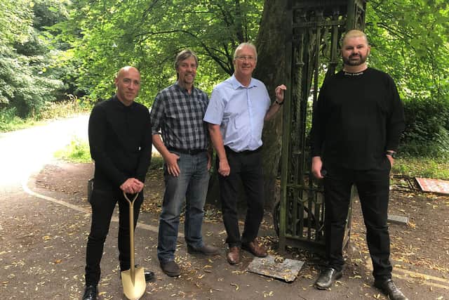 Creative directors Al and Al, left and right, at the location of the new gate with Coun David Molyneux and Dominic Liptrot, of Lost Art
