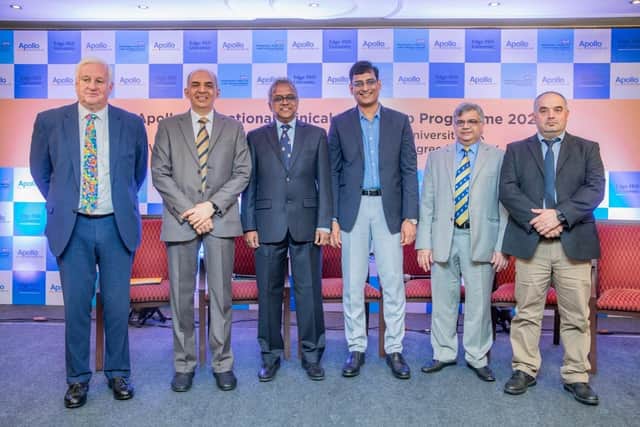 At an event to celebrate the new collaboration were Andrew Foster, non-executive director of Health Education England; Dr Sivaramakrishnan Venkateswaran, Apollo Knowledge CEO, Dr Muralidharan Manikesi, vice-president of Apollo Knowledge, Dr Madhan Thiruvengada, programme director for ICFP; Prof Raj Murali, from WWL and GTEC, and Dr Lakis Liloglou, from Edge Hill University
