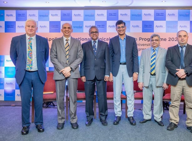 At an event to celebrate the new collaboration were Andrew Foster, non-executive director of Health Education England; Dr Sivaramakrishnan Venkateswaran, Apollo Knowledge CEO, Dr Muralidharan Manikesi, vice-president of Apollo Knowledge, Dr Madhan Thiruvengada, programme director for ICFP; Prof Raj Murali, from WWL and GTEC, and Dr Lakis Liloglou, from Edge Hill University