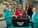 The Mayor of Wigan Coun Marie Morgan with headteacher Joanne Farrimond with head boy, Kian Walsh, left, and head girl Amelia Sharples, right.