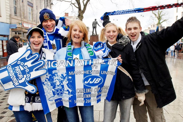 Nicola, Dave, Deborah, Laura and Karl Woods from Up Holland at the Carling Cup Final between Wigan Athletic and Manchester United at the Millennium Stadium, Cardiff, on Sunday 26th of February 2006.
