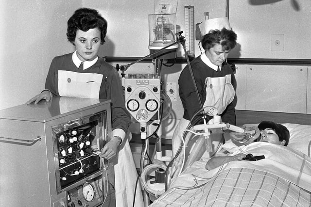 Nurses at work in the newly opened intensive care unit at Wigan Infirmary in May 1967.