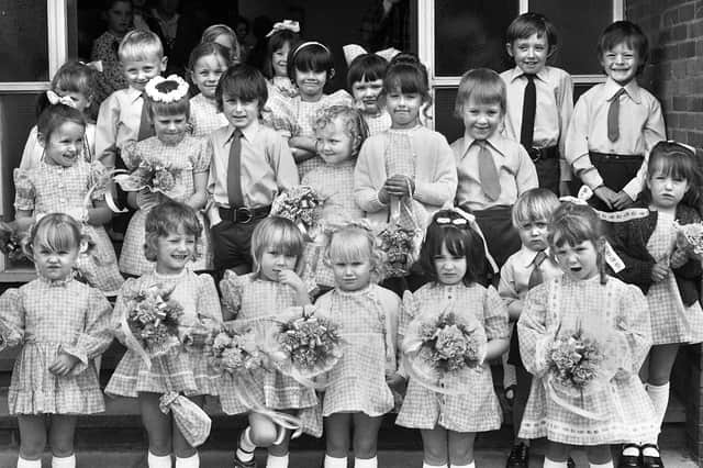 Boys and girls of St. Barnabas church, Marsh Green, ready for their walking day on Sunday 9th of June 1974.