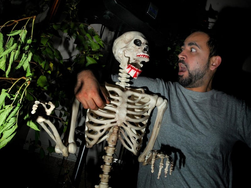 Landlord Jean Cubas with scary creatures, ghosts and ghouls awaiting visitors to the Halloween events at The Wellfield Hotel, Beech Hill