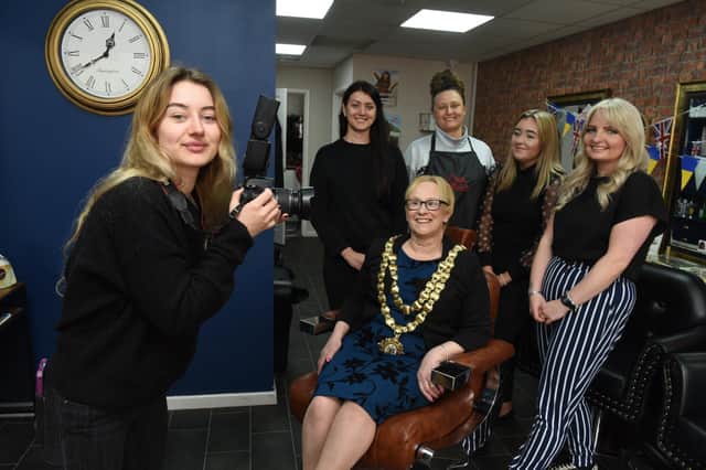 Photo Neil Cross; Mayor of Wigan Councillor Yvonne Klieve meets the new Ukraine refugee and salon employee, Inna Hashynskya, with salon owner, Joanne Cottom at Haus of Hair