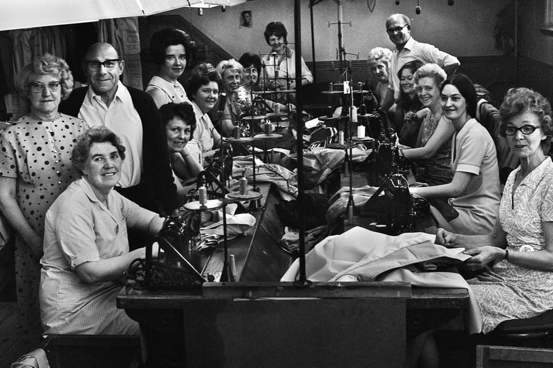 Inside the raincoat factory on Bolton Road, Ashton, in July 1972.
The 82 year old building was previously an old Welsh chapel and was converted to the factory in 1958 by Wilfred Phillips whose business pioneered the clothing industry in Ashton.