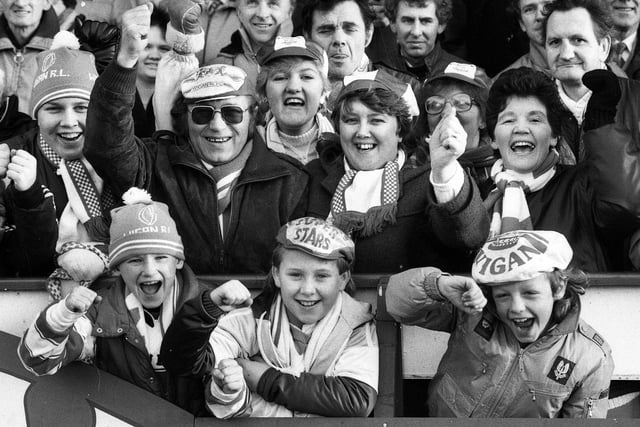 Wigan fans at the league game against St. Helens at Central Park on Boxing Day Thursday 26th of December 1985. Wigan won the match 38-14.