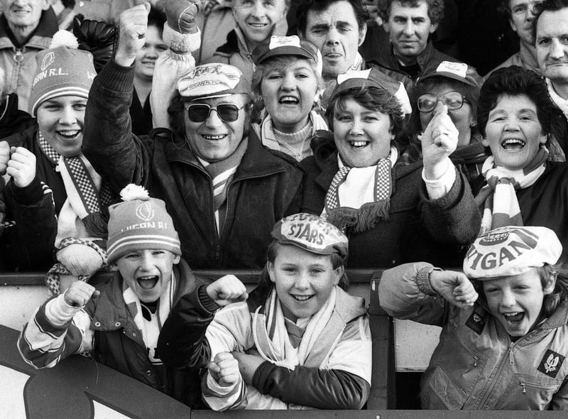 Wigan fans at the league game against St. Helens at Central Park on Boxing Day Thursday 26th of December 1985. Wigan won the match 38-14.