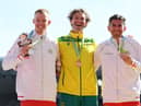 Harry Coppell celebrates his bronze medal at the Commonwealth Games