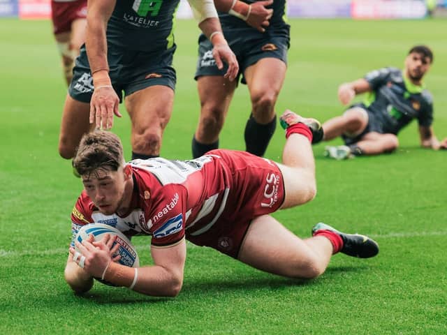 Jack Farrimond scoring a try for Wigan Warriors against Catalans Dragons