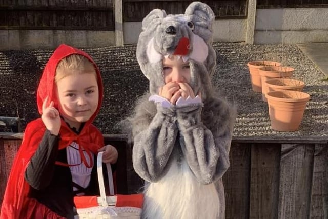 Fallon age 4 red riding hood, Noah age 5 big bad wolf