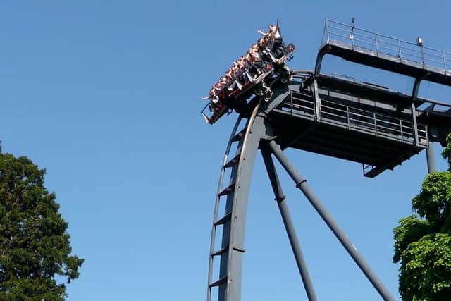 Guests were stranded on the ride after one of the carriages became stuck on the tracks moments before it descended on its stomach-churning 180ft vertical drop. Credit: DAllardyce