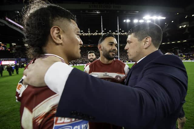 Wigan's Patrick Mago, Bevan French & Matt Peet celebrate Grand Final victory over Catalans