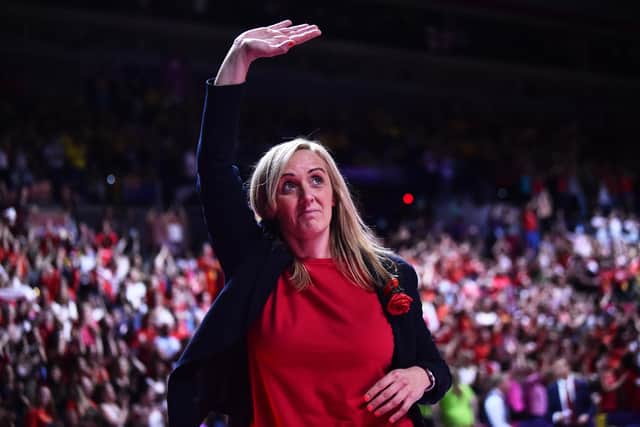 LIVERPOOL, ENGLAND - JULY 21: Tracey Neville of England waves the crowd during the bronze medal match between England and South Africa at M&S Bank Arena on July 21, 2019 in Liverpool, England. (Photo by Nathan Stirk/Getty Images)