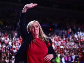 LIVERPOOL, ENGLAND - JULY 21: Tracey Neville of England waves the crowd during the bronze medal match between England and South Africa at M&S Bank Arena on July 21, 2019 in Liverpool, England. (Photo by Nathan Stirk/Getty Images)
