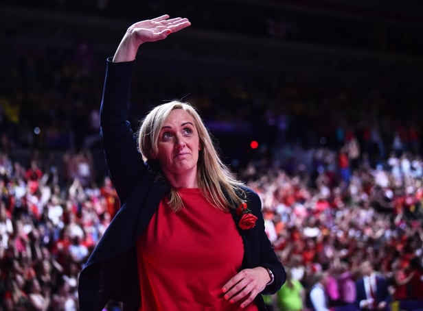 LIVERPOOL, ENGLAND - JULY 21: Tracey Neville of England waves the crowd during the bronze medal match between England and South Africa at M&S Bank Arena on July 21, 2019 in Liverpool, England. (Photo by Nathan Stirk/Getty Images)