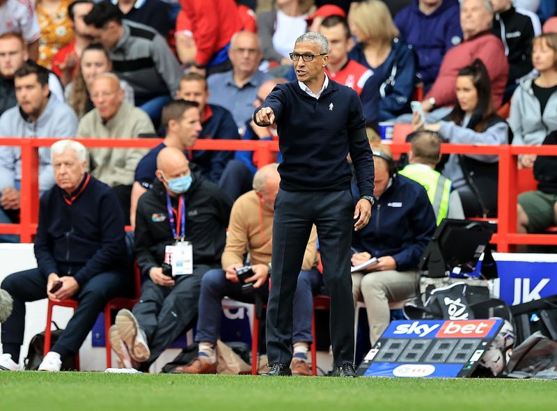 NOTTINGHAM, ENGLAND - SEPTEMBER 12: Chris Hughton, the Nottingham Forest manager issues instructions during the Sky Bet Championship match between Nottingham Forest and Cardiff City at City Ground on September 12, 2021 in Nottingham, England. (Photo by David Rogers/Getty Images)