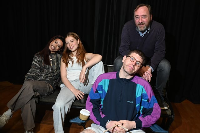 Cast members, from left, Hope Yolanda (playing multiple characters), Lula Marsh (playing Sarah), Kyle Rowe (playing Barny) and Will Travis (playing Derek) during rehearsals of a theatre production about homelessness, Frozen Peas in an Old Tin Can, held at The Way theatre studio at Leigh Spinners Mill.