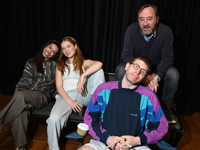 Cast members, from left, Hope Yolanda (playing multiple characters), Lula Marsh (playing Sarah), Kyle Rowe (playing Barny) and Will Travis (playing Derek) during rehearsals of a theatre production about homelessness, Frozen Peas in an Old Tin Can, held at The Way theatre studio at Leigh Spinners Mill.