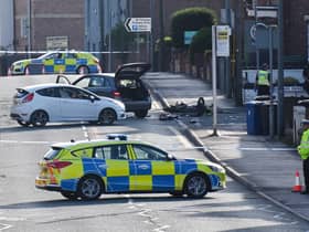 Police at the scene of serious incident involving a motorcyle and car, on Bolton Road, Ashton-in-Makerfield, near Edward Drive.