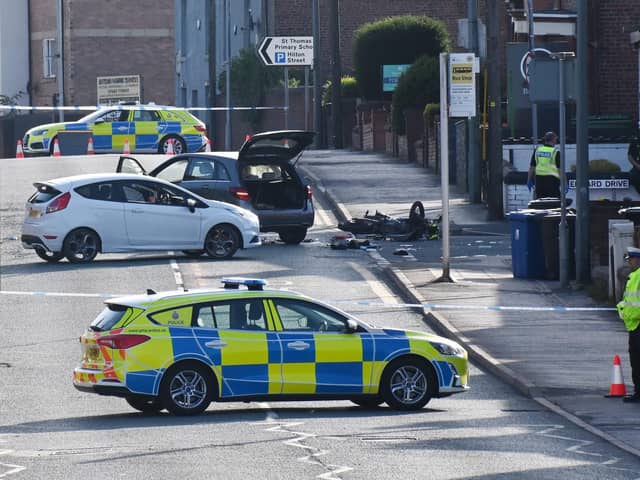 Police at the scene of serious incident involving a motorcyle and car, on Bolton Road, Ashton-in-Makerfield, near Edward Drive.