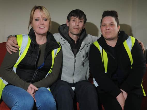 Chris Smalley was homeless and is happy to be off the streets, living in shared tenancy in Platt Bridge, Wigan, thanks Lara Nocker, left, and Dawn French, right, founders of the newly registered charity Helping the Homeless.