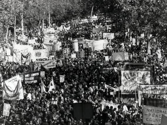 Demonstrators march on Hyde Park for one of Britains largest CND rallies in 1983