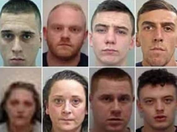 Those jailed, from top left: Michael Siddeley, Darren Charnock, Callum Riley, Jamie Crompton, Robyn Anderton, Lisa Rigby, Alex Hall, Luke Briggs