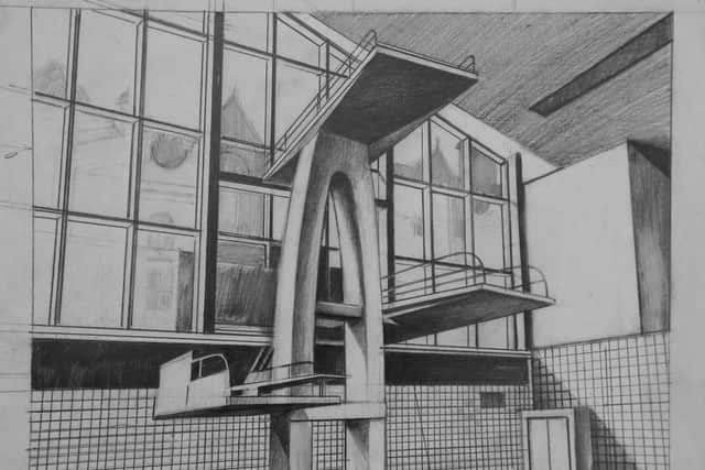 The diving board at Wigan baths, drawn by artist Paul Crook