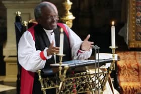 The Most Rev Bishop Michael Curry gives an address during the 
wedding of Prince Harry and Meghan Markle in St Georges Chapel