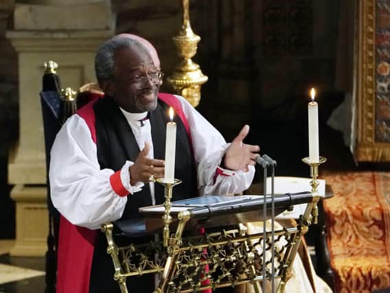 The Most Rev Bishop Michael Curry gives an address during the 
wedding of Prince Harry and Meghan Markle in St Georges Chapel