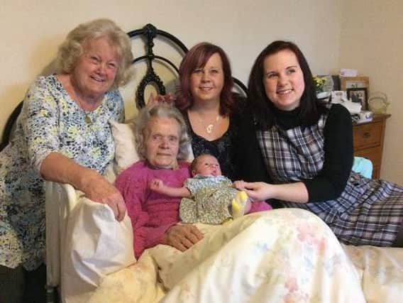 Five generations of one Wigan family pose for a photo. Left to right: Brenda Rigby, Dolly Daley, baby Remi-Rose, Jan Miller and Steph