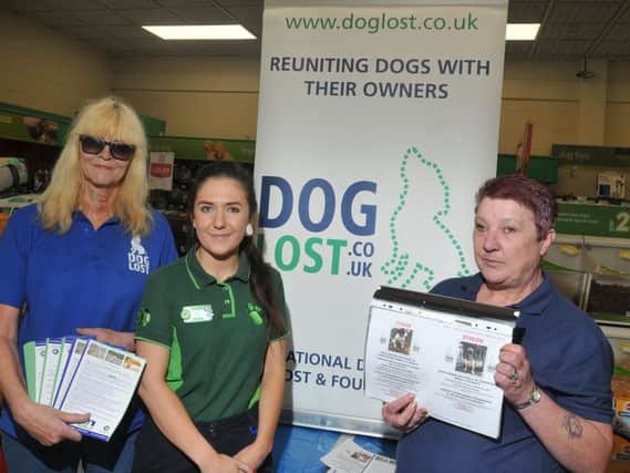 Jayne Heyes, Founder of Dog Lost UK (left) and Fiona Monger pictured with store assistant Jade Greenhalgh