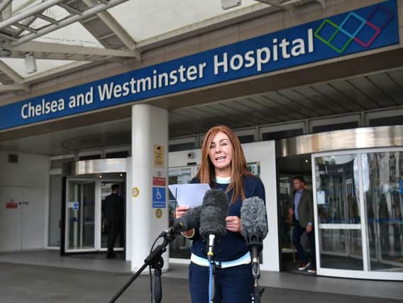 Charlotte Caldwell, mother of 12-year-old Billy Caldwell, speaks outside Chelsea & Westminster Hospital