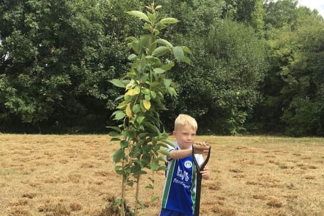 Calum Fairhurst plants the new cherry tree, a symbol of new beginnings