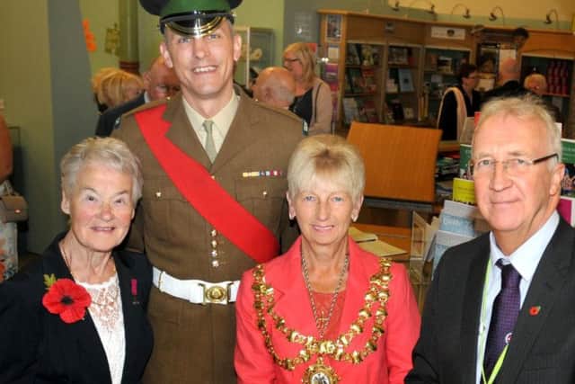 Veronica Ashton, grandaughter of Wigan soldie pictured with CSgt William Pintar of The Irish Guards, Mayor of Wigan Coun Sue Greensmith and leader of Wigan Council Coun David Molyneux.