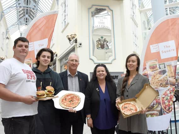 Left to right: Jack Flusk (Barbie Boys), Max Giannoni (Travelling Pizza Company), Coun Molyneux, Victoria Nichol (The Galleries centre manager) and Eleanor Healy (Event organiser, Haigh Foodie Friday)