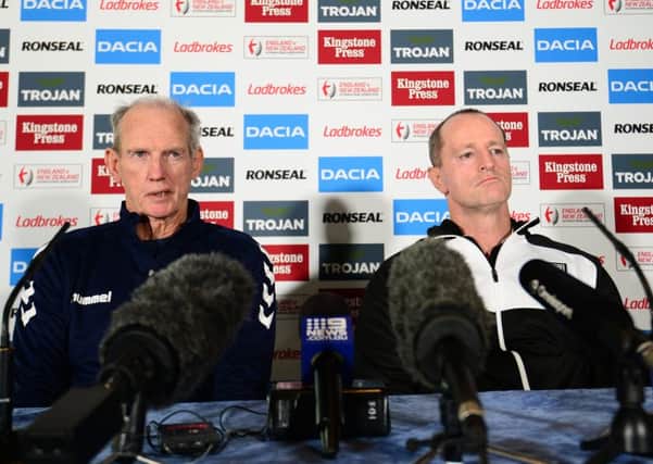 England coach Wayne Bennett with Kiwis boss Michael Maguire at the Test series launch. Picture: Simon Wilkinson/SWPix