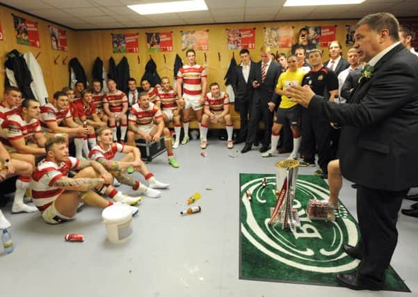 Shaun Wane addresses his players after the 2013 Grand Final win