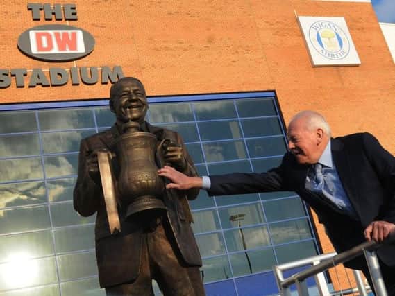 Dave Whelan at the unveiling of a statue in his honour outside the DW Stadium