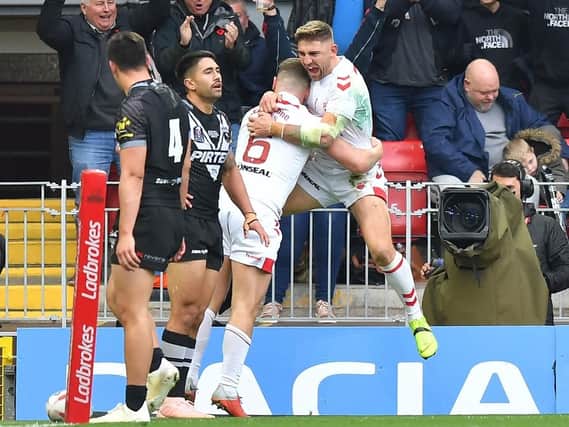Tommy Makinson celebrates at the weekend against New Zealand